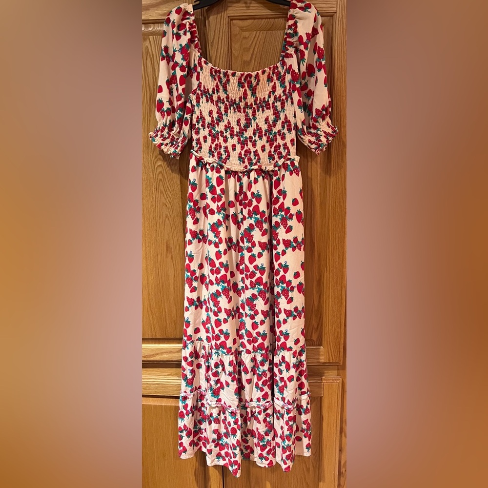 Betsey Johnson Strawberry Fields Smocked Challis Puff Sleeve Milkmaid Maxi Dress